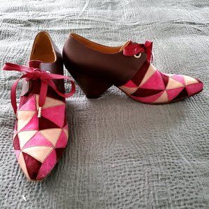 Fluevog Purpose Patchwork Shoe - pink leather and suede - size 8